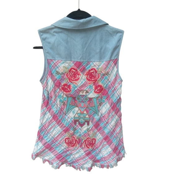 Savanna Jane Pink Blue Button Down Shirt Plaid Embroidered Back Small Western - Picture 3 of 7